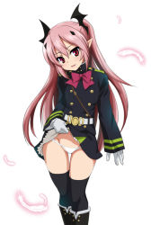 Rule 34 | 1girl, bat hair ornament, black thighhighs, blush, breasts, clothes lift, feathers, hair ornament, krul tepes, open mouth, ouhashi, owari no seraph, panties, pink hair, red eyes, simple background, skirt, skirt lift, small breasts, smile, solo, standing, thighhighs, twintails, two side up, underwear, white background, white panties