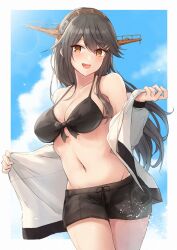 Rule 34 | 1girl, bare shoulders, bikini, black hair, breasts, brown eyes, front-tie bikini top, front-tie top, hair ornament, hairband, hairclip, haruna (kancolle), haruna kai ni (kancolle), headgear, highres, k jie, kantai collection, large breasts, long hair, looking at viewer, navel, open mouth, smile, solo, stomach, swimsuit