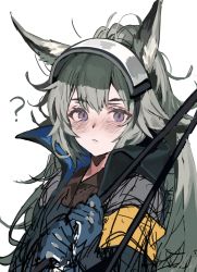 Rule 34 | 1girl, :&lt;, animal ears, aogisa, arknights, bad id, bad twitter id, blue gloves, gloves, grani (arknights), grey hair, highres, holding, holding weapon, horse ears, jacket, long hair, looking at viewer, purple eyes, simple background, sketch, solo, unfinished, upper body, visor cap, weapon, white background