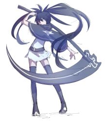 Rule 34 | 1girl, belt, black footwear, black hair, black rock shooter, black rock shooter: innocent soul, black rock shooter (character), boots, dress, highres, long hair, mehyuew39, poncho, scythe, short dress, simple background, solo, star (symbol), thigh boots, twintails, white background