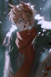 Rule 34 | 1boy, alternate eye color, blood, blood on clothes, blood on face, brown shirt, closed mouth, coat, crystal earrings, earrings, fur-trimmed coat, fur trim, genshin impact, hair between eyes, heterochromia, highres, jewelry, k hku, long sleeves, looking to the side, male focus, mask, mask on head, open clothes, open coat, orange hair, outdoors, purple eyes, red mask, red scarf, scarf, shirt, short hair, single earring, snowing, solo, tartaglia (genshin impact), tree, white coat, winter, yellow eyes