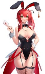 Rule 34 | 1girl, black bow, bow, cameltoe, card, covered navel, fishnets, hair bow, halterneck, hand on own hip, highres, houchi shoujo, leotard, looking at viewer, nail polish, playboy bunny, red hair, side ponytail, solo, suraimu (suraimuraimu), thighhighs, white background, wrist cuffs, yellow eyes