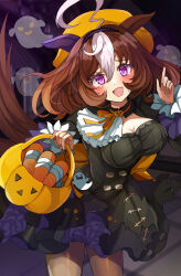 Rule 34 | 1girl, @ @, ahoge, animal ears, black dress, black pantyhose, blush, breasts, brown hair, carrot, cleavage, commentary request, cowboy shot, dress, ear covers, ghost, hair between eyes, hairband, halloween bucket, hanamura pink, highres, horse ears, horse girl, horse tail, jack-o&#039;-lantern, large breasts, looking at viewer, medium hair, meisho doto (dot-o&#039;-lantern) (umamusume), meisho doto (umamusume), multicolored hair, official alternate costume, open mouth, orange headwear, pantyhose, pointing, pointing up, purple eyes, purple hairband, single ear cover, smile, solo, streaked hair, tail, tail raised, umamusume, white hair