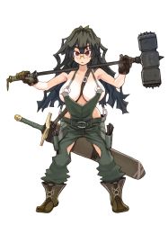 Rule 34 | 1girl, areola slip, black hair, blush, breasts, cleavage, end breaker!, glasses, gloves, hammer, highres, huge breasts, large breasts, long hair, messy hair, naked overalls, no bra, overalls, red eyes, revealing clothes, ryoji (nomura ryouji), scabbard, sheath, solo, sword, weapon