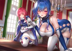 Rule 34 | 2girls, all fours, azur lane, bare shoulders, blue eyes, blush, breasts, brick (atelier brick), cape, cleavage, cleavage cutout, clothing cutout, desk, dress, gloves, hanging breasts, indoors, large breasts, long hair, looking at viewer, multiple girls, on desk, one eye closed, open mouth, pen, pink eyes, princeton (azur lane), purple eyes, red eyes, short dress, smile, st. louis (azur lane), thighhighs, thighs, tight clothes, tight dress, zettai ryouiki