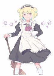 Rule 34 | 1boy, :t, alternate costume, alternate hairstyle, apron, ascot, blonde hair, broom, commentary, crossdressing, hand on own hip, highres, holding, holding broom, juliet sleeves, kneehighs, kome 1022, lio fotia, long sleeves, maid, maid apron, maid headdress, male focus, promare, puffy sleeves, purple eyes, red ascot, short hair, simple background, socks, solo, standing, star (symbol), symbol-only commentary, trap, two side up, white background, white socks