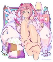 Rule 34 | 1girl, :p, animal ears, barefoot, blush, board, cellphone, clock, cup, digital media player, dress, drink, drinking glass, drinking straw, earphones, eyebrows, eyelashes, feet, foreshortening, hair between eyes, hair bobbles, hair ornament, highres, holding digital media player, kantai collection, legs, legs together, media player interface, off shoulder, pencil case, phone, phone with ears, pillow, pink dress, pink eyes, pink hair, rabbit, rabbit ears, sazanami (kancolle), shinomu (cinomoon), short hair, sitting, smartphone, smartphone case, soles, solo, spoon, stuffed animal, stuffed rabbit, stuffed toy, toes, tongue, tongue out, twintails, twitter username, white background