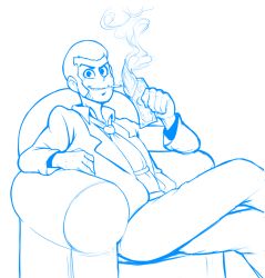 Rule 34 | 1boy, armchair, arsene lupin iii, blue theme, chair, cigarette, drawfag, fire, fire, formal, grin, highres, crossed legs, lineart, looking at viewer, lupin iii, male focus, money, monochrome, necktie, sideburns, sitting, smile, smoke, solo, suit