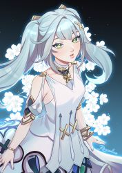 Rule 34 | 1girl, aqua hair, bare shoulders, blunt bangs, bracelet, breasts, cowlick, dress, faruzan (genshin impact), genshin impact, green eyes, hair between eyes, hair ornament, highres, jewelry, long hair, looking at viewer, parted lips, rezoeline, short sleeves, small breasts, solo, symbol-shaped pupils, triangle-shaped pupils, twintails, upper body, white dress, x hair ornament