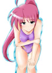 Rule 34 | 00s, 1girl, bare shoulders, bent over, blue eyes, breasts, cameltoe, competition swimsuit, covered navel, gema (yarukisu), hand on leg, highres, holding own arm, long hair, looking at viewer, lyrical nanoha, mahou shoujo lyrical nanoha strikers, medium breasts, one-piece swimsuit, pink hair, ponytail, signum, simple background, smile, solo, swimsuit, white background