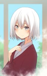 Rule 34 | 1girl, blue sky, blush, closed mouth, commentary request, copyright request, day, grey eyes, grey kimono, hair between eyes, hand on own chest, hand up, highres, indoors, jacket, japanese clothes, kimono, long sleeves, looking at viewer, nagami yuu, red jacket, short hair, silver hair, sky, smile, solo, steam, wide sleeves
