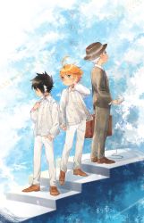 Rule 34 | 1girl, 2boys, ahoge, arm up, bandaid, bandaid on ear, black eyes, black hair, blue sky, brown footwear, brown headwear, brown jacket, cardigan, chinese commentary, closed mouth, cloud, cloudy sky, collared shirt, commentary request, copyright name, cup, emma (yakusoku no neverland), from side, full body, green eyes, grey eyes, grey pants, hair between eyes, hair over one eye, hand in pocket, hat, highres, holding, holding cup, jacket, long sleeves, looking away, looking to the side, looking up, multiple boys, neck tattoo, norman (yakusoku no neverland), number tattoo, orange hair, pants, ray (yakusoku no neverland), shirt, shoes, short hair, shyh yue, sky, smile, stairs, standing, tattoo, translation request, white cardigan, white hair, white pants, white shirt, yakusoku no neverland