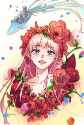 Rule 34 | 1girl, belle (ryuu to sobakasu no hime), blue eyes, collarbone, facial mark, flower, head wreath, highres, leaf, lips, long hair, looking at viewer, mismatched eyebrows, open mouth, petals, pink hair, red flower, red lips, ryuu to sobakasu no hime, teeth, upper body, whale, yokoi aya