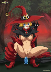 Rule 34 | 1girl, anal, black cat, blonde hair, blue eyes, breasts, cape, cat, digimon, dildo, facial mark, familiar, fangs, hat, high collar, highres, huge hands, monster girl, nipples, palcomix, pussy, sex toy, solo, tattoo, witch, witch hat, witchmon