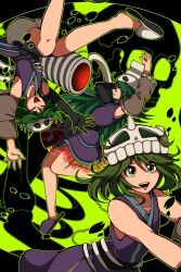 Rule 34 | 1jumangoku, 3others, androgynous, arm behind head, arm up, black background, black gloves, brown sleeves, closed eyes, collarbone, commentary request, detached sleeves, elbow gloves, ex-sese, frilled kimono, frilled sleeves, frills, gloves, green background, green eyes, green hair, highres, horns, japanese clothes, kimono, kitsugai sese, len&#039;en, long hair, long sleeves, looking at viewer, multiple others, open mouth, petals, purple footwear, purple kimono, short hair, shorts, single elbow glove, single horn, single sleeve, skeleton, skull-shaped hat, sleeveless, sleeveless kimono, slippers, smile, teeth, two-tone background, upside-down, white footwear, white headwear, white shorts, wide sleeves