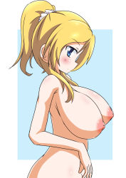 Rule 34 | 10s, 1girl, ayase eli, blue eyes, breasts, female focus, highres, huge breasts, love live!, love live! school idol project, naruse mai, nipples, nude, ponytail, profile, short ponytail, simple background, solo, standing, upper body