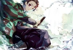 Rule 34 | 1boy, bubble, checkered clothes, checkered jacket, closed mouth, dated, drawing sword, feet out of frame, highres, holding, holding sword, holding weapon, jacket, kamado tanjirou, kimetsu no yaiba, looking at viewer, male focus, pink eyes, red hair, scar, scar on face, scar on forehead, signature, solo, sword, tomkureson, water, watercolor effect, weapon
