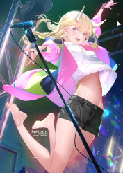 Rule 34 | 1girl, arm up, barefoot, black hat, black shorts, blonde hair, blue eyes, breasts, feet, hat, horns, jacket, jumping, legs, long hair, looking at viewer, medium breasts, microphone, multicolored clothes, multicolored jacket, navel, open mouth, paripi koumei, patreon username, shirt, shorts, smile, solo, sydus, thighs, tsukimi eiko, unworn hat, unworn headwear, white horns, white shirt