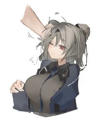 Rule 34 | 1girl, absinthe (arknights), animal ears, arknights, bear ears, blush, breasts, headpat, large breasts, light brown hair, mikozin, red eyes, short hair, simple background, solo, white background