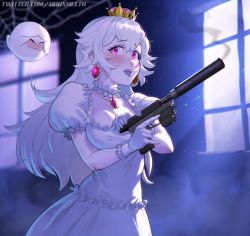 Rule 34 | 1girl, 1other, blush, boo (mario), brooch, colored skin, cowboy shot, floating, ghost, gloves, gun, handgun, highres, indoors, jewelry, luigi&#039;s mansion, mario (series), nintendo, pistol, princess king boo, puffy short sleeves, puffy sleeves, short sleeves, smoke, smoking barrel, standing, super crown, suppressor, tagme, tongue, weapon, white gloves, white skin