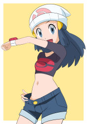 Rule 34 | 1girl, absurdres, alternate costume, beanie, black hair, border, collarbone, commentary request, cowboy shot, creatures (company), cropped shirt, dawn (pokemon), eyelashes, game freak, grey eyes, grey shorts, hainchu, hair ornament, hairclip, hand on own hip, hand up, happy, hat, highres, long hair, midriff, navel, nintendo, open mouth, poke ball print, pokemon, pokemon (anime), pokemon dppt (anime), poketch, shirt, short shorts, short sleeves, shorts, sidelocks, smile, solo, watch, white border, white hat, wristwatch, yellow background