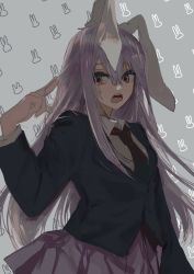 Rule 34 | 1girl, animal ears, black jacket, blazer, breasts, chestnut mouth, collared shirt, commentary request, dress shirt, eyebrows hidden by hair, finger gun, finger gun to head, gotagotay, grey background, hair between eyes, hand in own hair, highres, jacket, long hair, looking to the side, medium breasts, miniskirt, necktie, open mouth, pink skirt, pleated skirt, purple hair, rabbit background, rabbit ears, red eyes, red necktie, reisen udongein inaba, shirt, sidelocks, simple background, skirt, solo, touhou, upper body, very long hair, white shirt