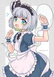 Rule 34 | 1girl, absurdres, adapted costume, alternate costume, apron, black bow, black bowtie, blue eyes, blush, bow, bowtie, commentary request, dress, enmaided, flying sweatdrops, green dress, grey hair, hands up, highres, konpaku youmu, konpaku youmu (ghost), maid, maid day, maid headdress, open mouth, short hair, short sleeves, solo, suguharu86, touhou, twitter username, wrist cuffs