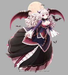 Rule 34 | 1girl, bat (animal), bat wings, breasts, cleavage, company name, curly hair, flower, full body, full moon, grey background, gyakushuu no fantasica, horns, large breasts, long hair, millgua, moon, official art, pink eyes, simple background, solo, white hair, wings
