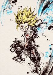 1boy blonde_hair blood blood_from_mouth blood_on_face clenched_teeth dragon_ball dragonball_z green_eyes grey_background highres ink_wash_painting limp_wrist male_focus medium_hair pants partially_colored powering_up shirt solo son_gohan spiked_hair spmjg7 sumi-e super_saiyan super_saiyan_2 teeth torn_clothes torn_pants torn_shirt