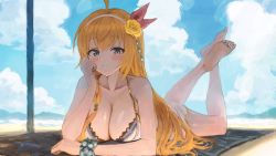 Rule 34 | 1girl, ahoge, aqua eyes, barefoot, bikini, blue sky, blush, braid, breasts, cleavage, closed mouth, cloud, collarbone, day, flower, hair flower, hair ornament, hairband, large breasts, long hair, looking at viewer, lying, on stomach, orange hair, pecorine (princess connect!), pecorine (summer) (princess connect!), princess connect!, rose, sand, single braid, sky, smile, soles, solo, sonchi, split mouth, swimsuit, white hairband, yellow flower, yellow rose