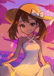 Rule 34 | 1girl, absurdres, arutarika (ri kaoekaki), bare shoulders, bow, brown eyes, brown hair, clothes pull, commentary request, creatures (company), dress, dress pull, game freak, hat, hat bow, highres, looking at viewer, may (pokemon), nintendo, pokemon, pokemon rse, sleeveless, sleeveless dress, smile, solo, sun hat, sundress, white bow, white dress