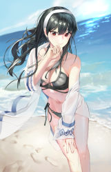 Rule 34 | 1girl, absurdres, beach, black hair, blue sky, breasts, cleavage, cloud, day, feet out of frame, footprints, hairband, highres, horizon, large breasts, laza (0ldsong), long hair, navel, ocean, outdoors, red eyes, robe, sky, solo, spy x family, white hairband, white robe, yor briar