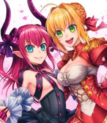 Rule 34 | 10s, 2girls, breasts, commentary request, dragon girl, elizabeth bathory (fate), elizabeth bathory (fate/extra ccc), elizabeth bathory (first ascension) (fate), fate/extra, fate/extra ccc, fate/grand order, fate (series), flat chest, grin, horns, kamuinii, large breasts, long hair, looking at viewer, multiple girls, nero claudius (fate), nero claudius (fate) (all), nero claudius (fate/extra), petals, ponytail, rose petals, smile