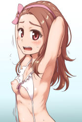 Rule 34 | 1girl, armpits, arms behind head, arms up, bikini, blush, breasts, brown hair, hairband, idolmaster, idolmaster (classic), long hair, looking at viewer, minase iori, namco, nipples, open mouth, red eyes, small breasts, solo, swimsuit, ttomm, white bikini
