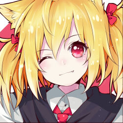 Rule 34 | 1girl, animal ears, arknights, blonde hair, bow, collared shirt, eyelashes, fang, hair bow, head tilt, light particles, necktie, portrait, red bow, red eyes, red necktie, shirt, solo, sora (arknights), twintails, varinr, white shirt, wolf ears, wolf girl