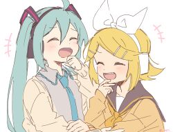 Rule 34 | 2girls, blue hair, blush, bow, cardigan, closed eyes, collared shirt, fang, hair ornament, hairclip, hand on another&#039;s arm, hatsune miku, headphones, highres, kagamine rin, laughing, long hair, long sleeves, m0ti, multiple girls, neckerchief, necktie, open mouth, school uniform, serafuku, shirt, smile, twintails, upper body, vocaloid