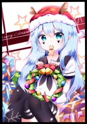 Rule 34 | 1girl, aotu world, aqua eyes, bell, black thighhighs, blue hair, blush, closed mouth, gift, gingerbread man, hat, long hair, looking at viewer, merry christmas, red hat, santa hat, shu (pjxv7485), smile, solo, thighhighs, wreath
