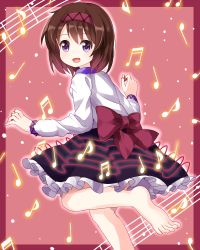Rule 34 | 1girl, barefoot, beamed quavers, bow, brown hair, commentary request, from behind, hairband, highres, long sleeves, looking at viewer, looking back, musical note, open mouth, petticoat, purple eyes, red bow, red hairband, ruu (tksymkw), shirt, short hair, smile, solo, touhou, tsukumo yatsuhashi, white shirt
