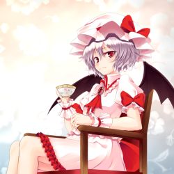 Rule 34 | 1girl, ascot, bow, brooch, chair, cup, dress, fang, hat, jewelry, junior27016, looking at viewer, red eyes, remilia scarlet, short hair, silver hair, sitting, solo, teacup, touhou, wrist cuffs