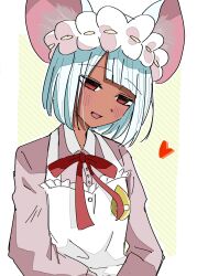 Rule 34 | 1girl, animal ears, apron, blush, collared dress, daikokuten (fate), dark-skinned female, dark skin, dress, fate/grand order, fate (series), hairband, half-closed eyes, heart, highres, lolita hairband, looking down, mouse ears, mouse girl, mouse tail, neck ribbon, outside border, parted lips, pink dress, red eyes, red ribbon, ribbon, short hair, simple background, smile, solo, tail, tsukinomiya, upper body, white apron, white hair