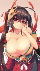 Rule 34 | 1girl, absurdres, ahoge, azur lane, bare shoulders, black hair, breasts, cleavage, collarbone, commentary, crossed bangs, english commentary, eyes visible through hair, hair between eyes, hand on own cheek, hand on own face, highres, huge breasts, japanese clothes, kimono, long hair, looking at viewer, mask, mask on head, parted lips, red eyes, red kimono, smile, solo, sub-res, taihou (azur lane), twintails, very long hair, wide sleeves