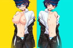 Rule 34 | 1girl, alternate breast size, androgynous, atlus, bad id, bad pixiv id, belt, blazer, blush, breasts, comparison, crossdressing, flat chest, glasses, hat, hortensias, jacket, large breasts, midriff, navel, nipples, open belt, open clothes, open shirt, panties, persona, persona 4, reverse trap, school uniform, shirogane naoto, shirt, short hair, striped clothes, striped panties, unbuckled, unbuttoned, underwear, undressing, unzipped