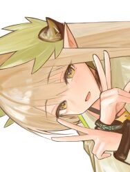 1girl :d arknights blonde_hair commentary crossed_wrists elf ha_(huton_in_mach) highres infection_monitor_(arknights) light_blush long_hair long_sleeves looking_at_viewer mole mole_under_eye muelsyse_(arknights) open_mouth pointy_ears sidelocks simple_background smile solo upper_body v w white_background yellow_eyes