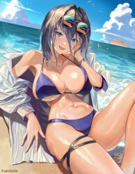 Rule 34 | 1girl, :d, absurdres, bare shoulders, beach, bikini, blue bikini, blue eyes, blue hair, blush, breasts, cleavage, cloud, collarbone, day, eyewear on head, fang, hair intakes, highres, hololive, hololive english, jacket, knee up, large breasts, long sleeves, looking at viewer, lying, narrow waist, navel, ocean, off shoulder, on back, open clothes, open jacket, open mouth, ouro kronii, outdoors, revision, santafe99, short hair, skin fang, skindentation, smile, solo, stomach, sunglasses, swimsuit, thigh strap, twitter username, virtual youtuber, water, wet, white jacket