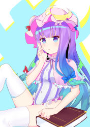 Rule 34 | 1girl, absurdres, blue background, blue bow, blue eyes, book, bow, breasts, cape, crescent, crescent hat ornament, hair bow, hand on own face, hat, hat ornament, highres, hime cut, long hair, looking at viewer, medium breasts, one-piece swimsuit, open mouth, patchouli knowledge, pink cape, pink hat, pink sleeves, purple hair, purple neckwear, purple one-piece swimsuit, red bow, shinrabanshou (ehjs2237), short sleeves, sitting, solo, swimsuit, thighhighs, touhou, white one-piece swimsuit, white thighhighs