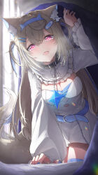 Rule 34 | 1girl, animal ear fluff, animal ears, bandaid, bandaid hair ornament, belt, belt collar, black collar, blonde hair, blue belt, blue eyes, blue hair, blue nails, blush, breasts, cleavage, cleavage cutout, clothing cutout, collar, dog ears, dog girl, dog tail, dress, fang, fuwawa abyssgard, fuwawa abyssgard (1st costume), hair ornament, hairpin, heart, heart-shaped pupils, highres, hololive, hololive english, long hair, looking at viewer, medium breasts, morupeusu, multicolored hair, nail polish, open mouth, pink eyes, short dress, sidelocks, smile, solo, spiked collar, spikes, streaked hair, symbol-shaped pupils, tail, two side up, under covers, very long hair, virtual youtuber, white dress