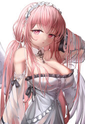 Rule 34 | 1girl, absurdres, azuma (sospower73), azur lane, bare shoulders, breasts, center frills, cleavage, cowboy shot, detached sleeves, dress, feathered wings, frilled dress, frills, hand in own hair, highres, large breasts, long hair, long sleeves, looking at viewer, maid headdress, perseus (azur lane), pink eyes, pink hair, simple background, solo, strapless, strapless dress, very long hair, white background, white wings, wide sleeves, wings