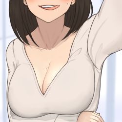 Rule 34 | 1girl, :q, arm up, blush, breast hold, breasts, brown hair, cleavage, commentary, ganbare douki-chan, head out of frame, kouhai-chan (douki-chan), large breasts, lazycoffee (wyen iscordo), long hair, long sleeves, mole, mole on breast, mole under eye, open mouth, selfie, solo, sweater, teeth, tongue, tongue out, upper body, upper teeth only, white sweater