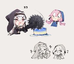 Rule 34 | 2girls, = =, arknights, black dress, black headwear, blue jacket, blue poison (arknights), blush, cake, character name, chibi, circular saw, closed eyes, commentary, cropped torso, dress, english commentary, english text, fan request, floating hair, food, fork, grey background, habit, hair between eyes, holding, holding fork, hood, hood up, hooded jacket, jacket, long hair, long sleeves, low twintails, multiple girls, open mouth, pink hair, red eyes, ruri (dailybloopy), saw, simple background, specter (arknights), standing, twintails, upper body, white hair, wide-eyed