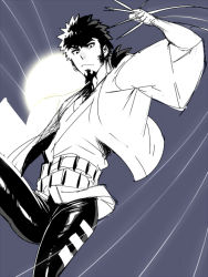 Rule 34 | 10s, 1boy, beard, black hair, blue background, dimension w, facial hair, jacket, japanese clothes, looking at viewer, mabataki, mabuchi kyoma, male focus, monochrome, ponytail, sideburns, simple background, solo